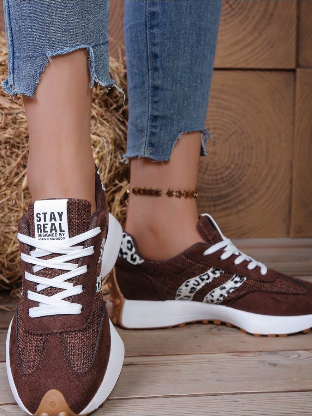 Brown Women's Leopard-Trim Sneakers